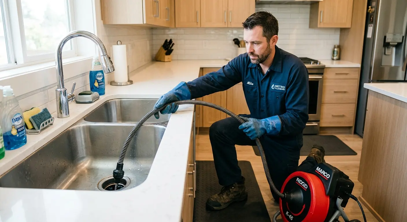 Drain cleaning technician using a motorized snake on a kitchen sink in Attleboro