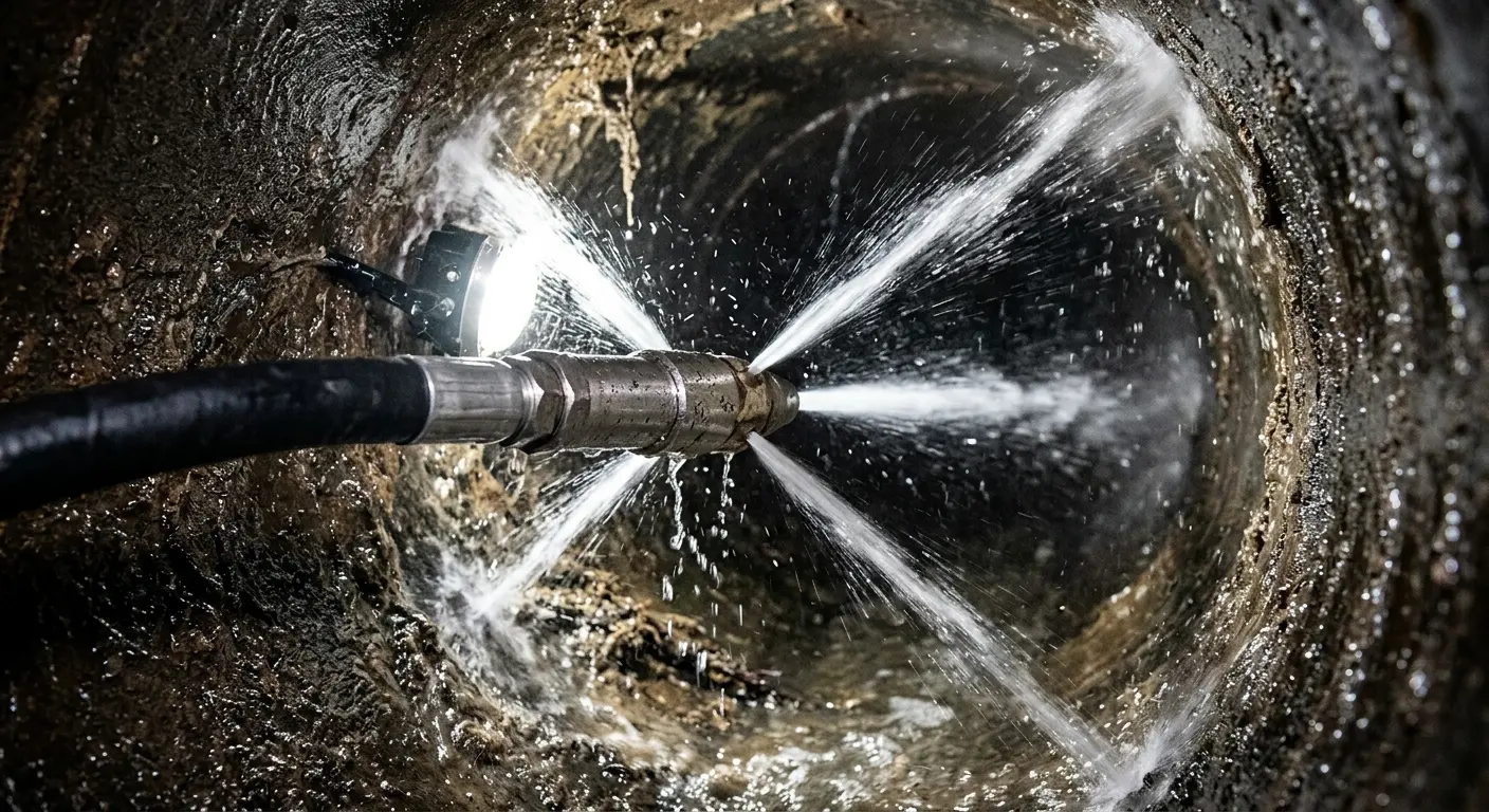High-pressure hydro jetting nozzle cleaning sewer pipe for Emergency Drain Service in Attleboro