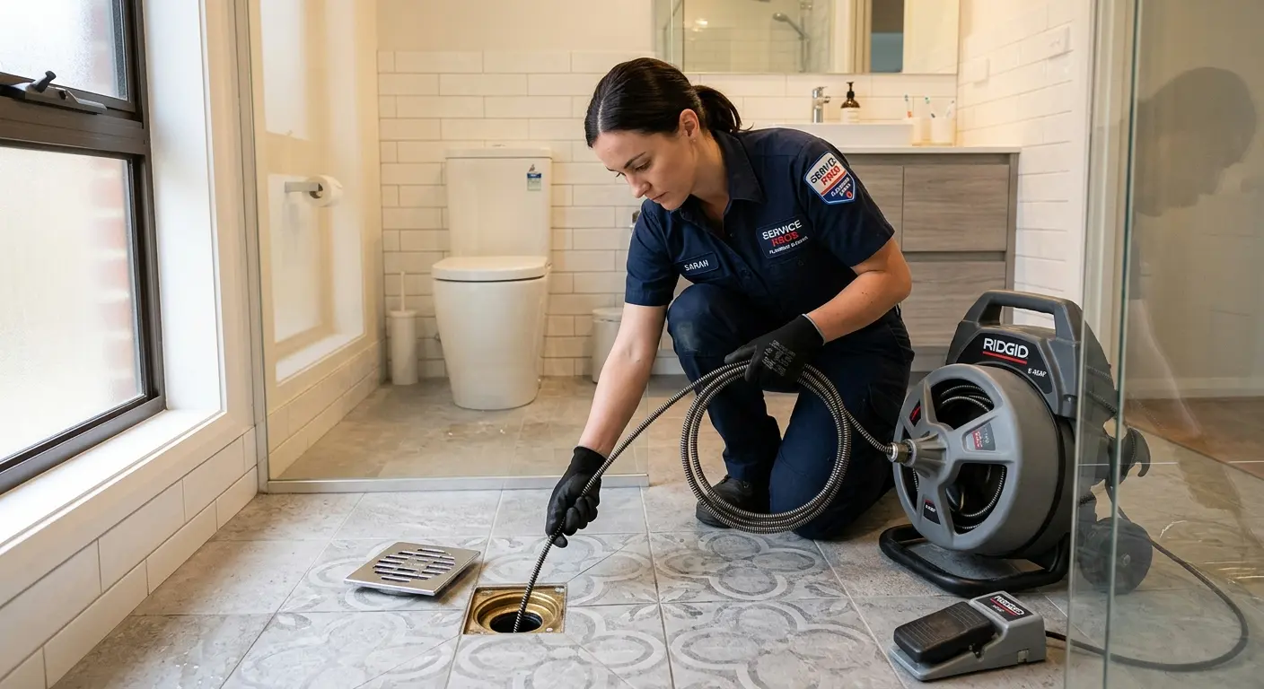 Technician clearing a bathroom floor drain for Drain Repair in Attleboro